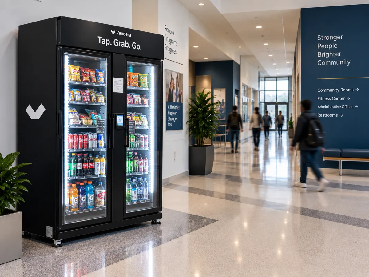Cashless smart vending machine with snacks and drinks installed in a North DFW community center hallway